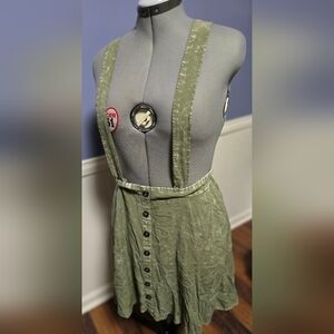 Womens Green Button-Front Suspender Skirt
